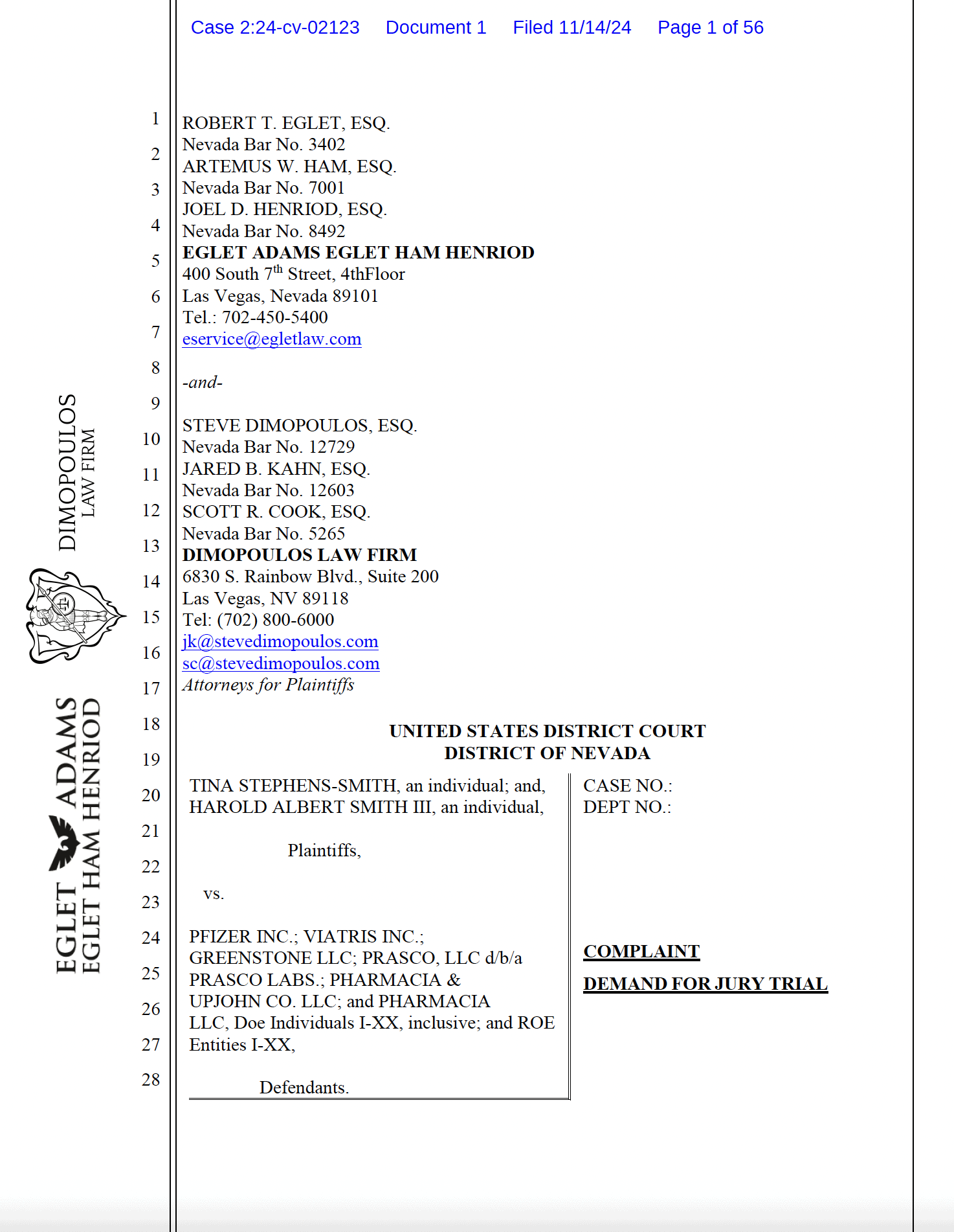 A landmark lawsuit was filed today by the Dimopoulos Law Firm and Eglet Law Group in Nevada’s District Court against Pfizer and several generic pharmaceutical manufacturers, including Viatris, Greenstone, Prasco, and Pharmacia & Upjohn Co., on behalf of a woman who claims to have developed multiple brain tumors directly linked to the use of Depo-Provera, a widely prescribed contraceptive injection.