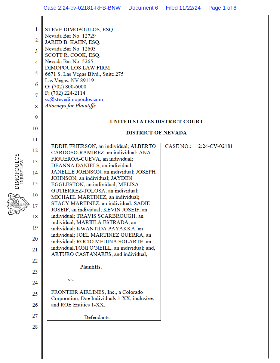 Dimopoulos Law Firm amended complaint against Frontier Airlines on behalf of the passengers after the crash landing on October 5th 2024.png